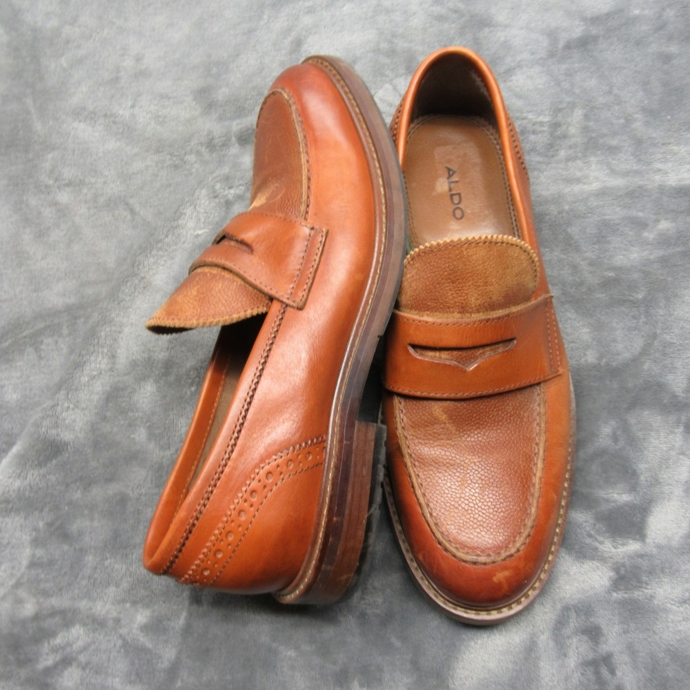 Aldo Mens 7.5 Dress Shoes Brown Leather Penny Loafer Classic Moc Toe Slip On